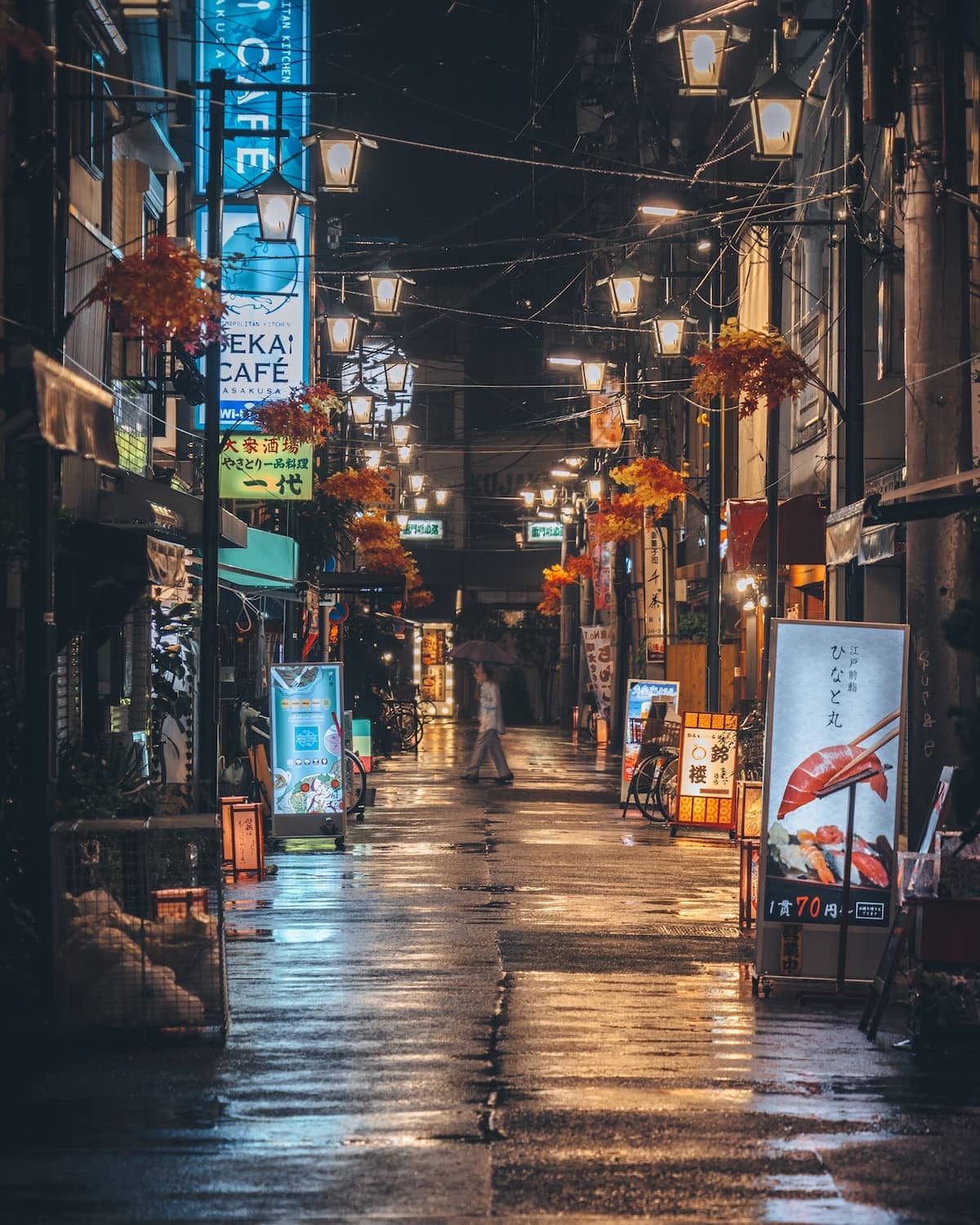 Person walking on a rainy street in a busy city